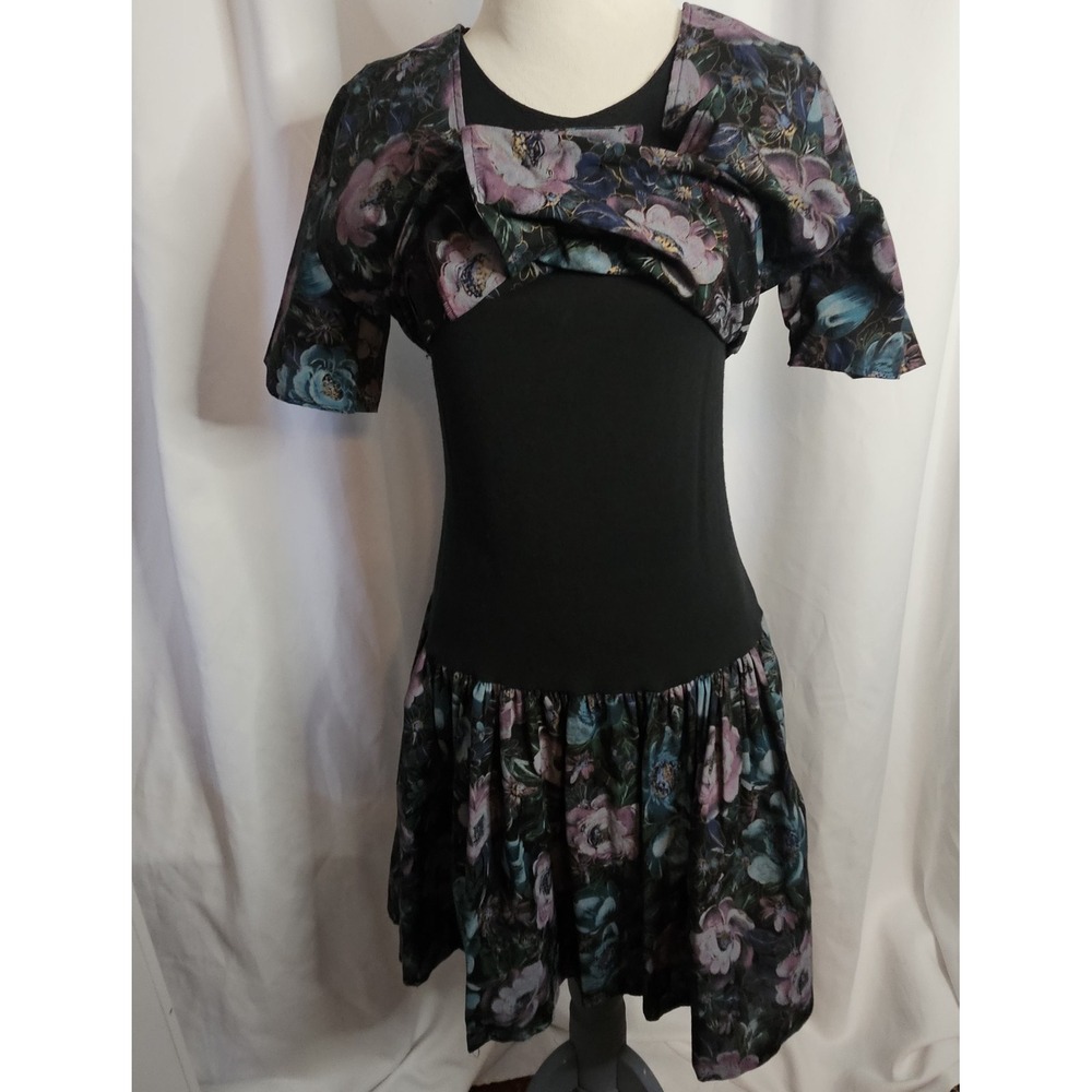 Vintage 80s Glenfrey Fashions Purple Floral Mini Dress 2‎ Piece Look Sz 7/8 - Picture 3 of 7